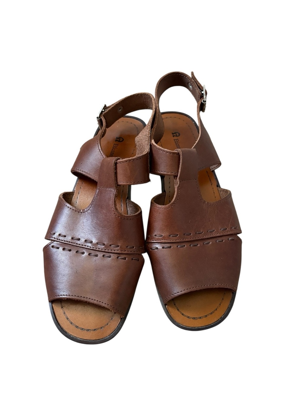 Etienne Aigner Brown Leather T-Strap Fisherman Sandals Size 7.5 - Picture 2 of 7